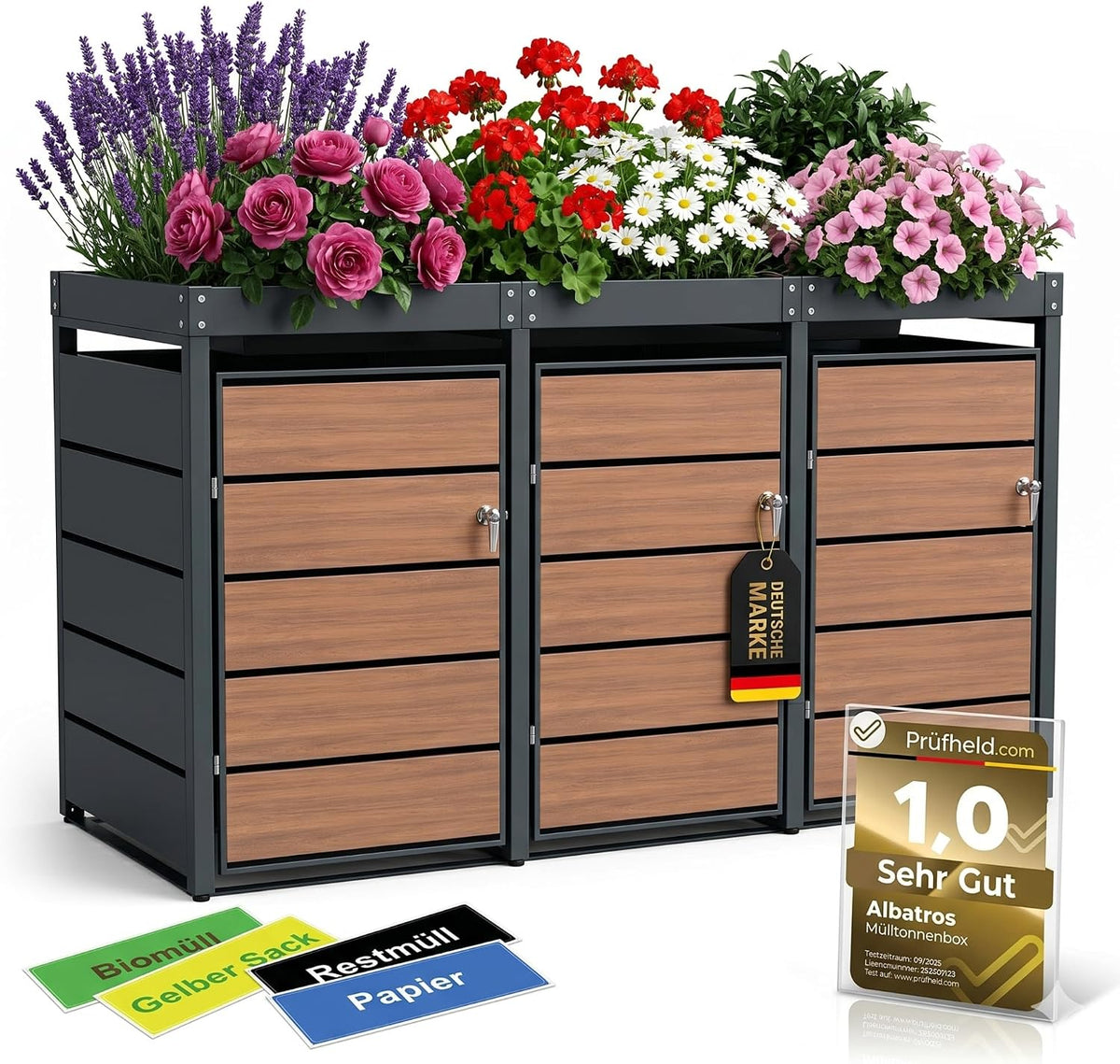 ALBATROS Mülltonnenbox, 240 L, Grau, 3er Holzdekor & Pflanzkasten, Metall