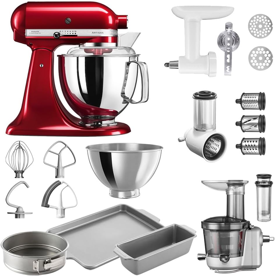 KitchenAid Küchenmaschine, 4,8 Liter, Rot/Silber, Artisan, inkl. Zubehör, Fleischwolf, Gemüseschneider, Entsafter-Vorsatz