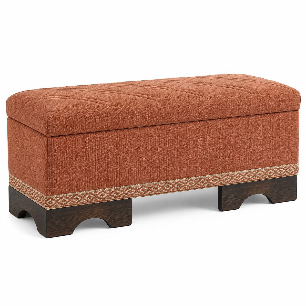 Sitzbank mit Stauraum, 110 × 45 × 48 cm, Rostorange/Creme/Dunkelbraun, gepolstert mit Holzfüßen