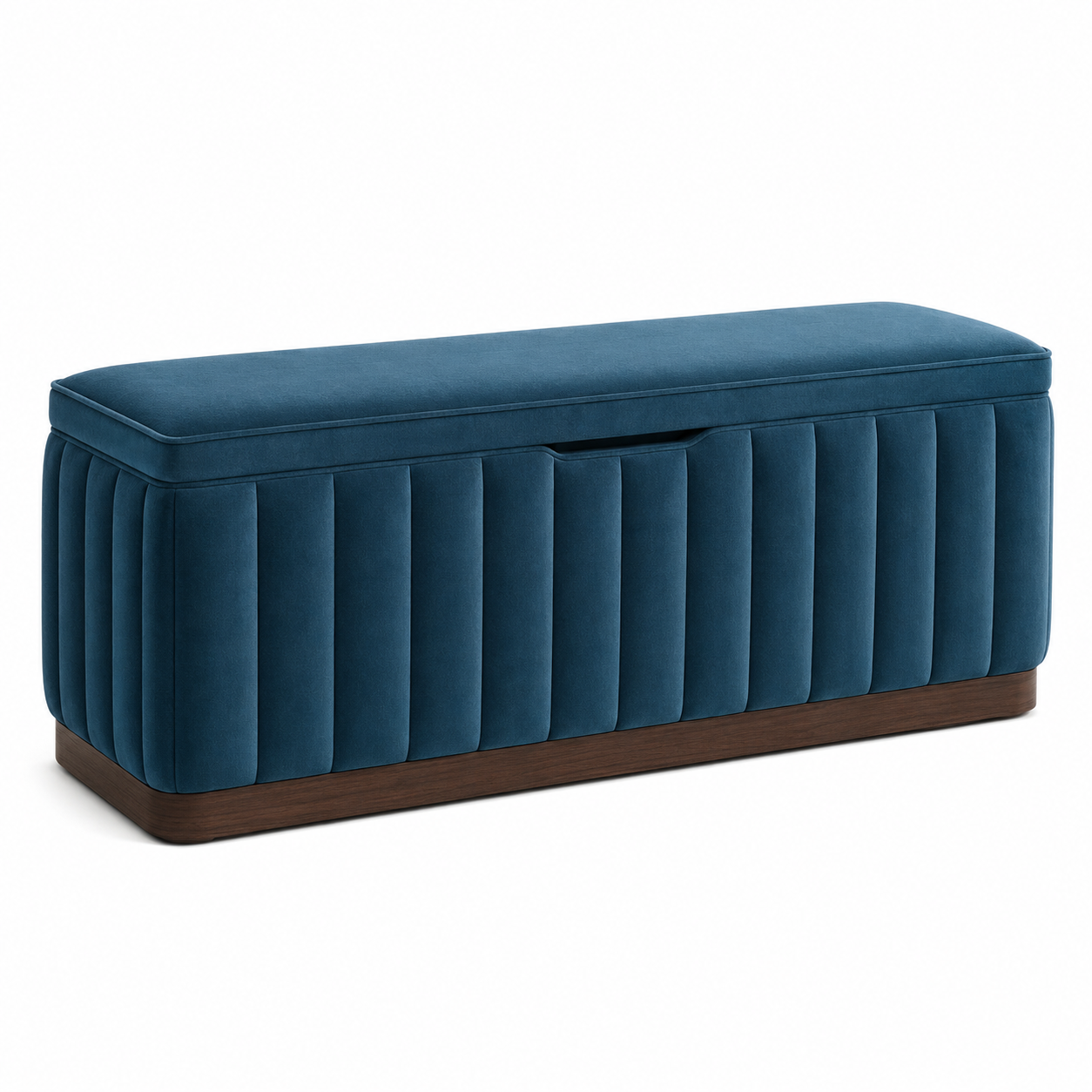 Gepolsterte Stauraumbank aus Samt, Blau/Dunkelbraun, 120 × 45 × 48 cm, mit Klappdeckel und gerippter Polsterung