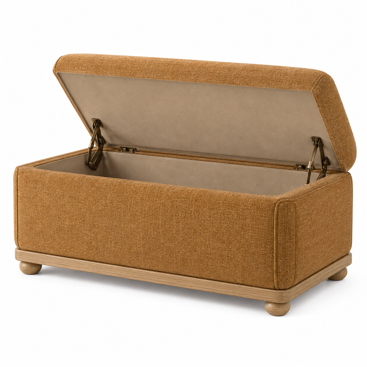 Gepolsterte Sitzbank mit Stauraum in Ocker, hellbraunes Holzgestell, beiger Innenraum, 120 × 45 × 47 cm
