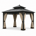 Gartenpavillon mit festem Metalldach und Vorhängen, 300 × 300 × 280 cm, Anthrazit/Beige/Dunkelbraun