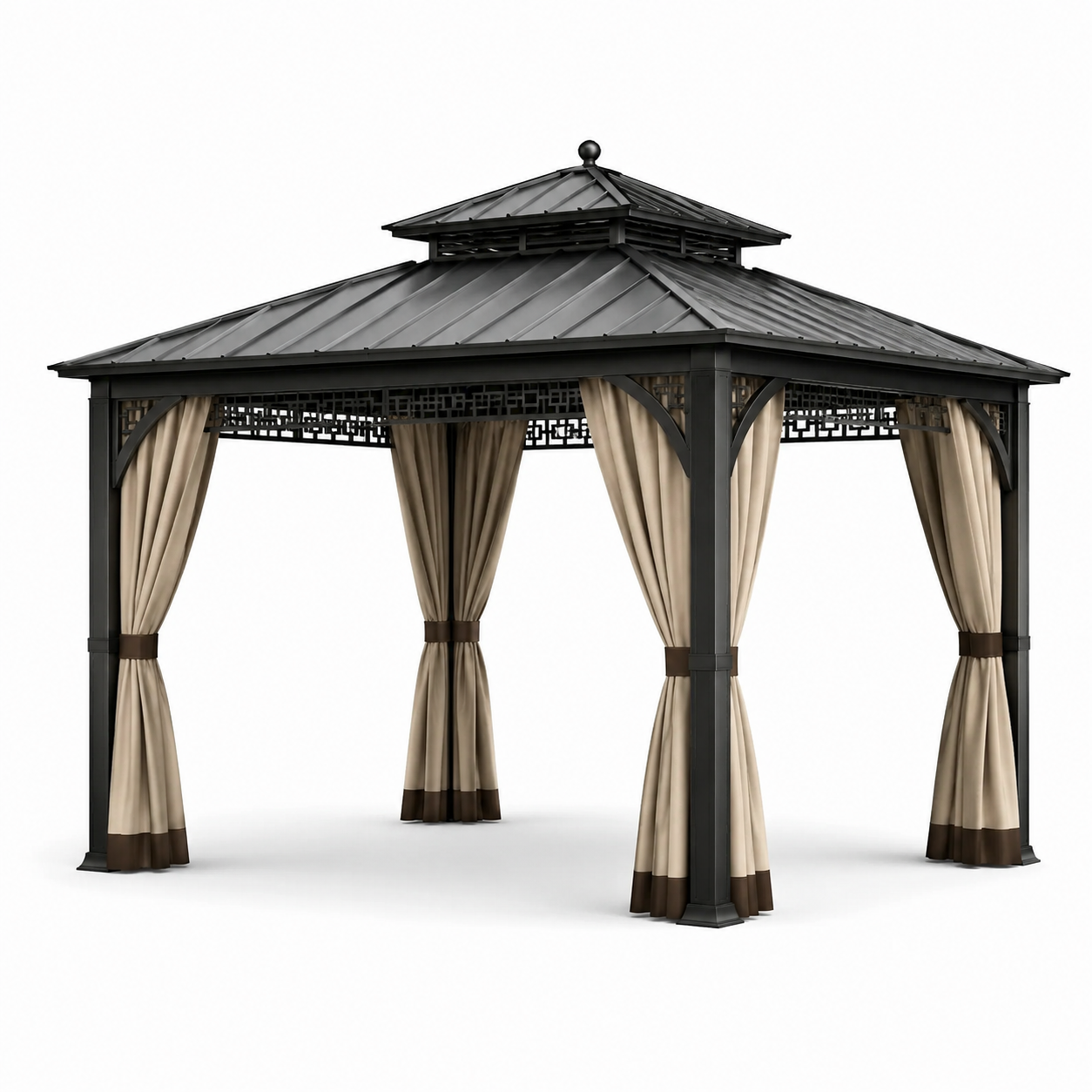 Gartenpavillon mit festem Metalldach und Vorhängen, 300 × 300 × 280 cm, Anthrazit/Beige/Dunkelbraun