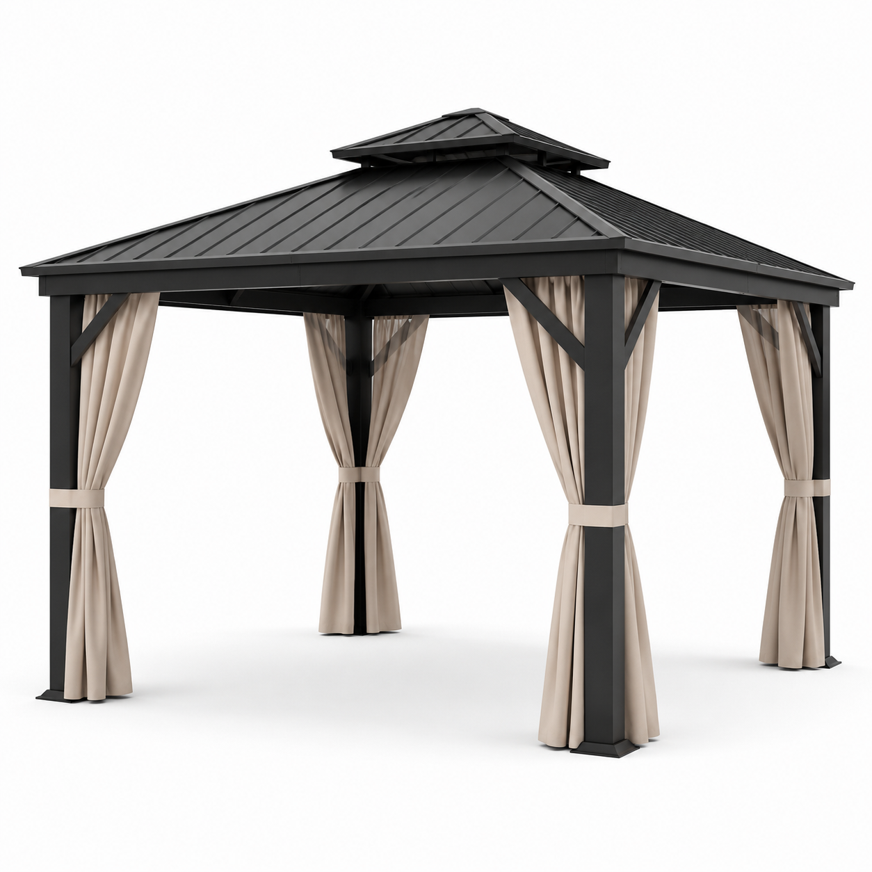 Gartenpavillon mit festem Metalldach und Vorhängen, 300 × 400 × 280 cm, Anthrazit/Beige