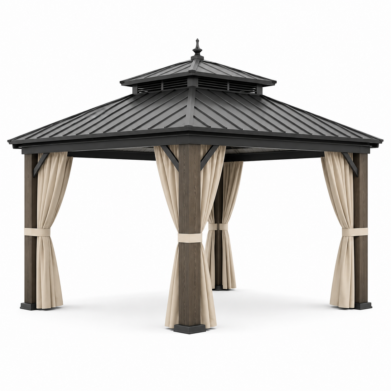 Gartenpavillon mit Doppeldach und Seitenvorhängen, 360 × 360 × 310 cm, Anthrazit/Braun/Beige
