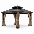 Gartenpavillon mit festem Metalldach und Vorhängen, 300 × 300 × 310 cm, Braun/Schwarz/Beige