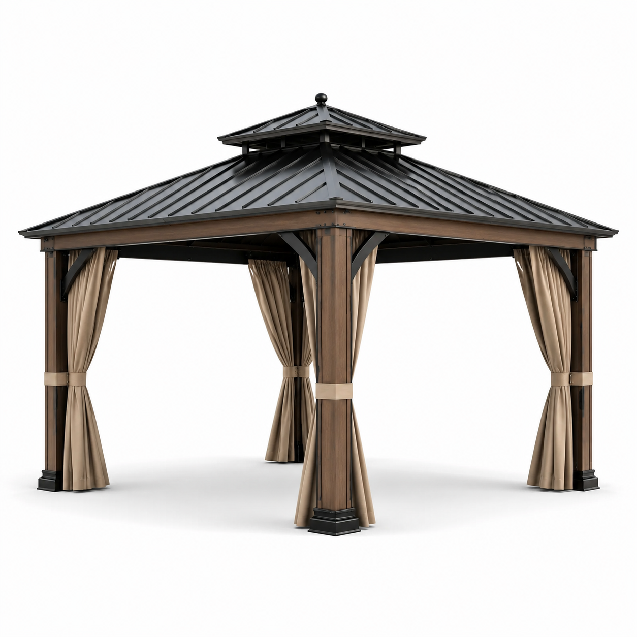 Gartenpavillon mit festem Metalldach und Vorhängen, 300 × 300 × 310 cm, Braun/Schwarz/Beige