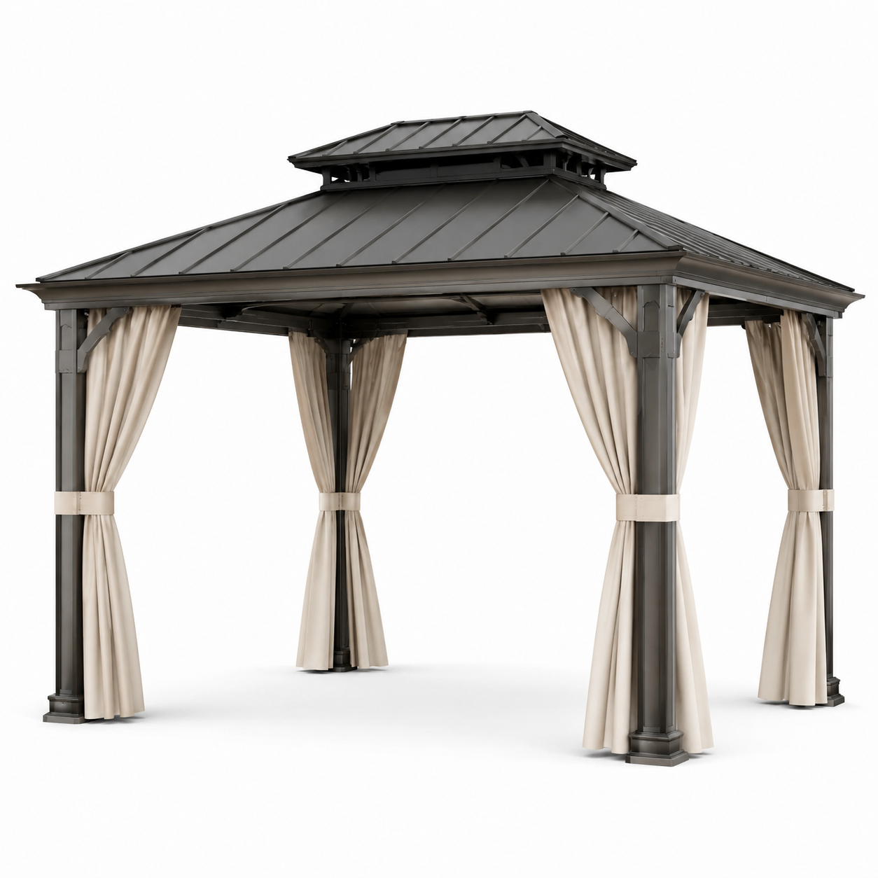 Gartenpavillon mit Hartdach und Vorhängen, 400 × 300 × 280 cm, Anthrazit/Beige