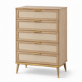 Hohe Kommode mit 5 Schubladen, Geflechtfronten und goldfarbenen Details, Naturbeige/Gold, 80 × 40 × 120 cm