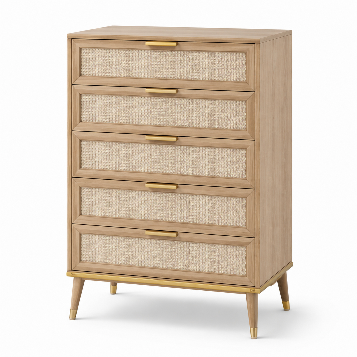 Hohe Kommode mit 5 Schubladen, Geflechtfronten und goldfarbenen Details, Naturbeige/Gold, 80 × 40 × 120 cm