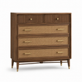 Holzkommode mit Rattangeflecht und 5 Schubladen, Braun/Natur/Gold, 110 × 45 × 100 cm, Retro-Stil