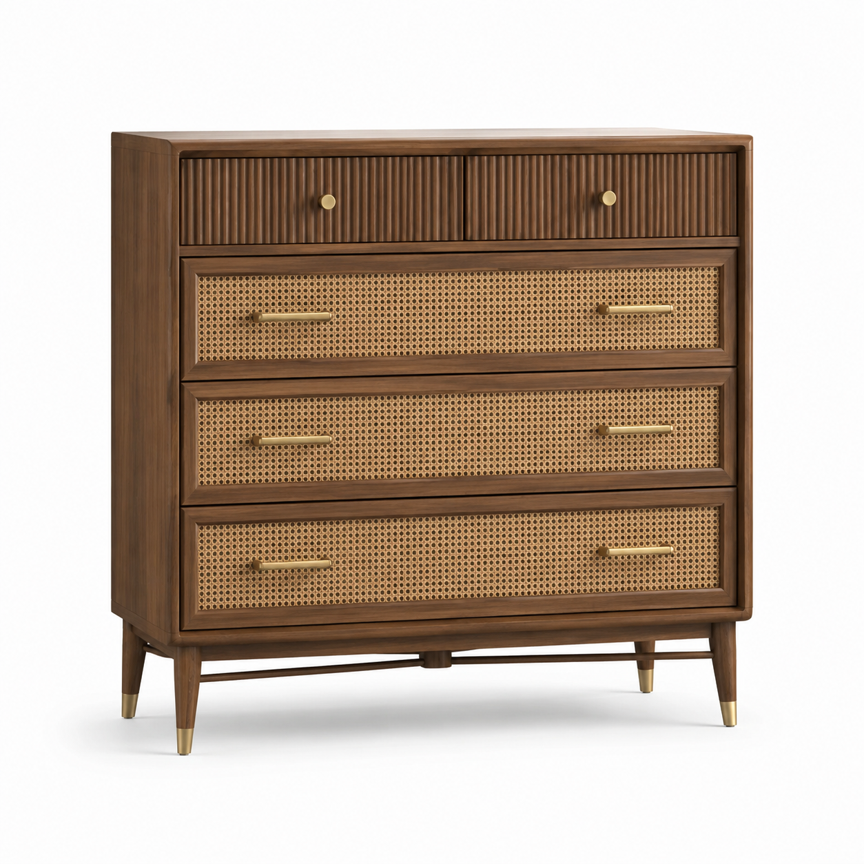 Holzkommode mit Rattangeflecht und 5 Schubladen, Braun/Natur/Gold, 110 × 45 × 100 cm, Retro-Stil