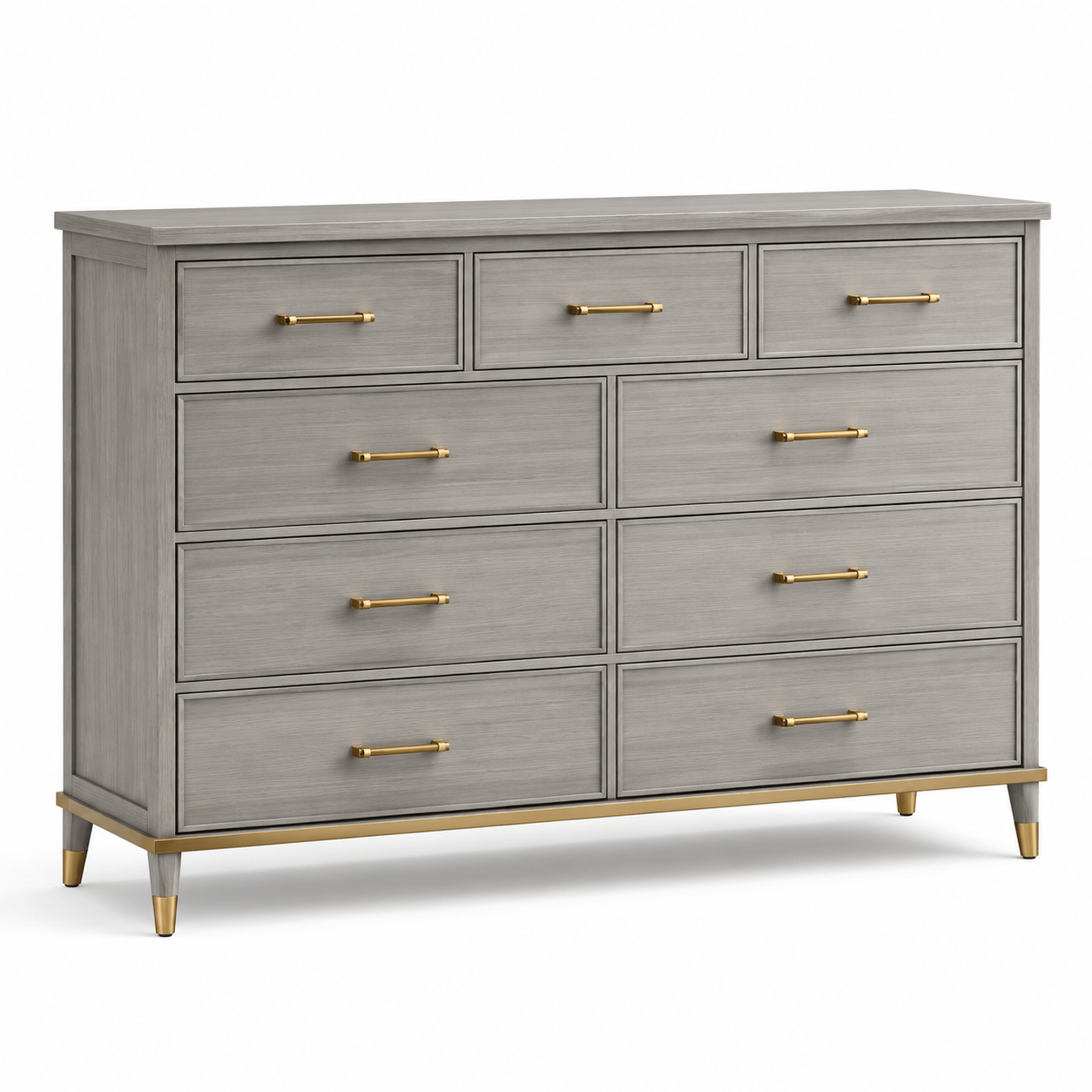 Kommode mit 9 Schubladen, 140 × 40 × 100 cm, Grau und Goldfarben