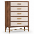 Hohe Kommode mit 5 Schubladen und Geflechtfronten, Braun/Beige/Gold, 90 x 45 x 120 cm