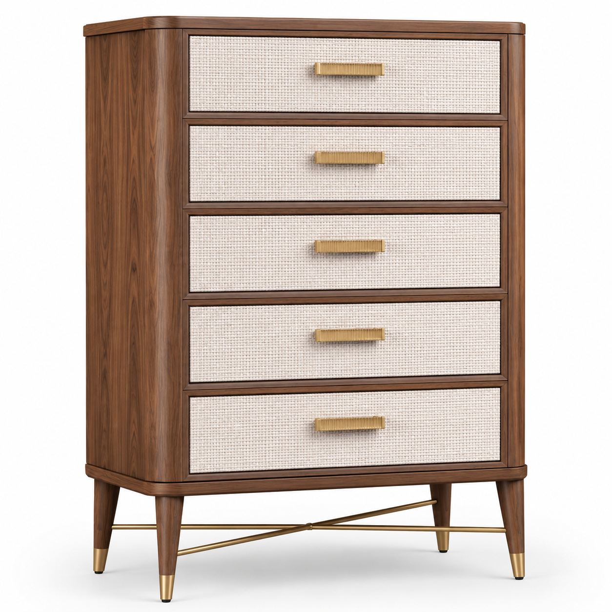 Hohe Kommode mit 5 Schubladen und Geflechtfronten, Braun/Beige/Gold, 90 x 45 x 120 cm