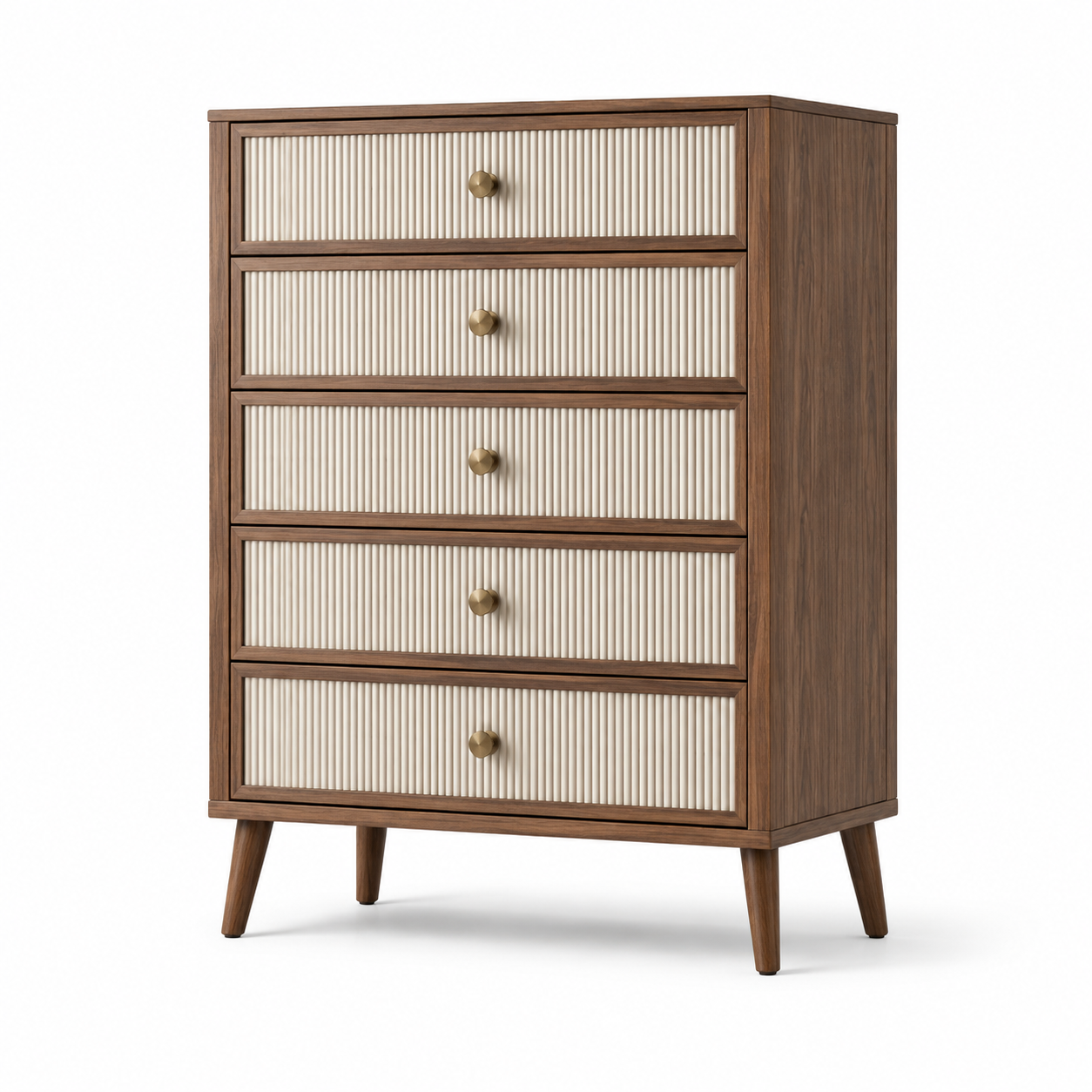Kommode aus Holzwerkstoff mit 5 Schubladen, Braun/Cremeweiß/Goldfarben, 80 × 40 × 110 cm, Mid-Century-Stil