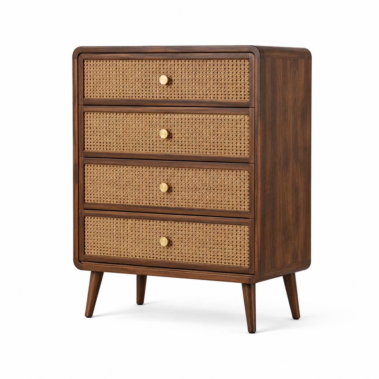 Kommode aus Holz mit Rattangeflecht und 4 Schubladen, Braun/Natur/Gold, 80 × 40 × 100 cm