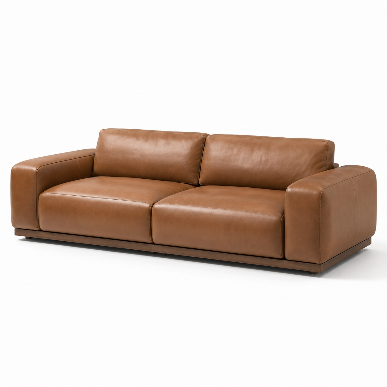 Modernes 3-Sitzer-Sofa in Cognacbraun mit dunkelbraunem Holzsockel, 230 × 95 × 82 cm