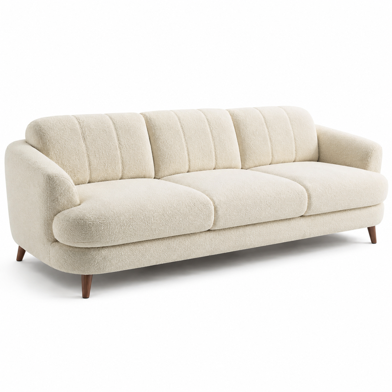 Modernes 3-Sitzer-Sofa mit Bouclé-Bezug in Cremeweiß und braunen Holzfüßen, 220 × 90 × 82 cm