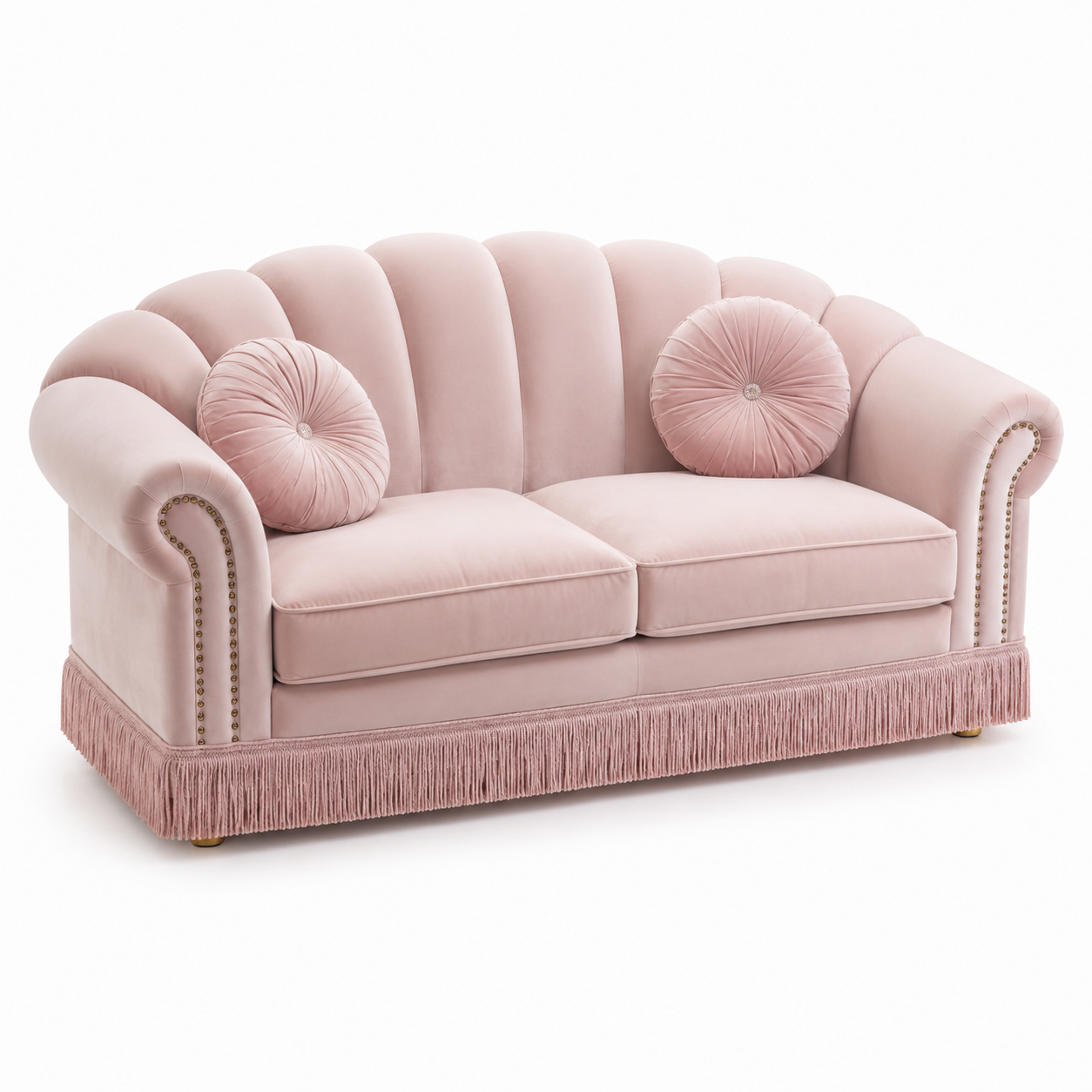2-Sitzer-Sofa aus Samt in Altrosa mit goldfarbenen Details und Zierkissen, 190 × 90 × 95 cm