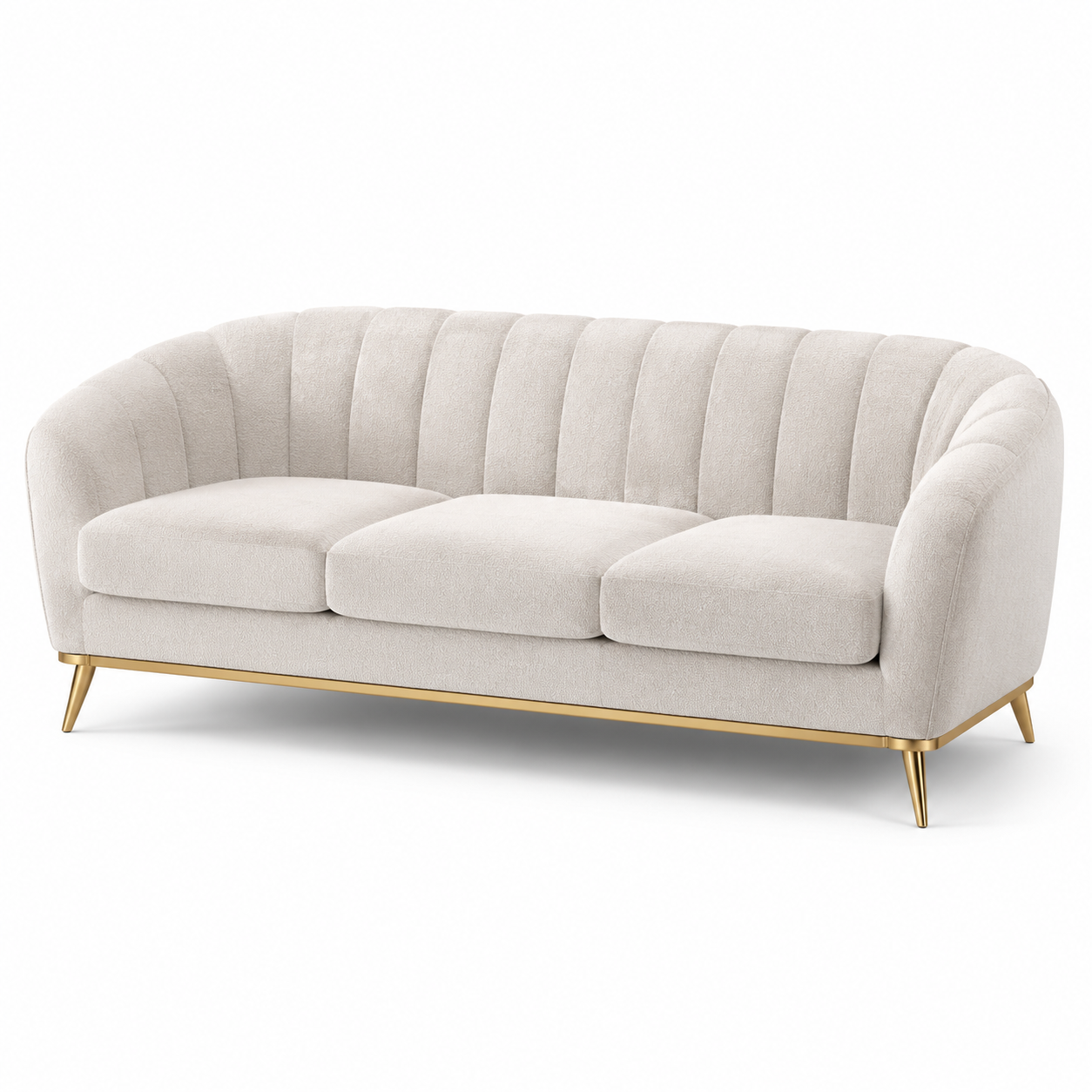 3-Sitzer-Sofa in Creme und Gold, 220 × 90 × 80 cm, Bouclé-Strukturstoff mit Metallfüßen