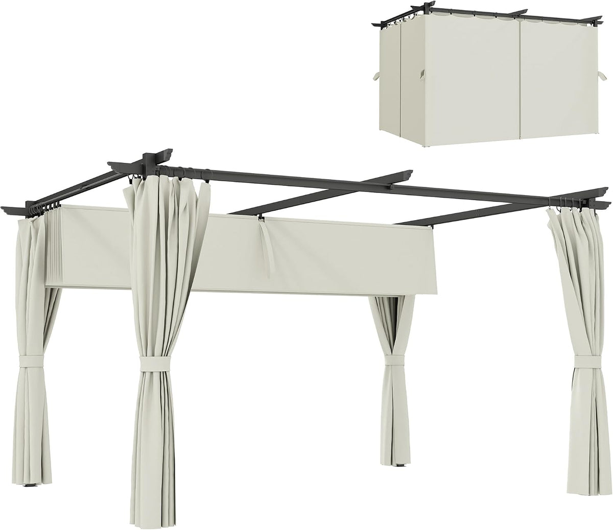 Outsunny Pavillon, 3 m, Creme, Pergola 3 x mit einziehbarem Sonnendach und Vorhängen, Außenlaube UPF30+ für Garten