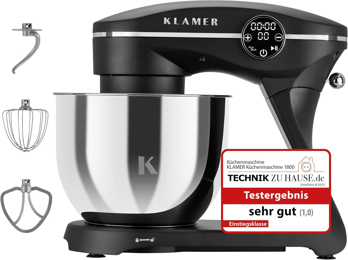 KLAMER Heissluftfritteuse, 1800 W, 6 L, Silber, Küchenmaschine, Knetmaschine Brotteig mit Edelstahlschüssel