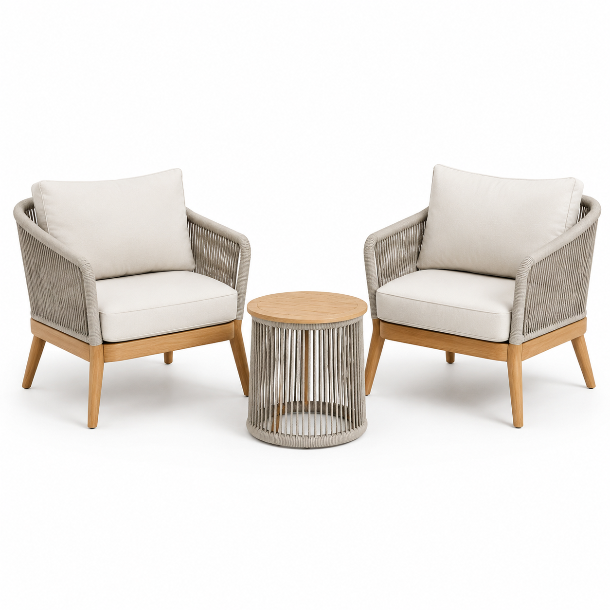 3-teilige Gartensitzgruppe mit 2 Sesseln 76 × 78 × 82 cm und Beistelltisch Ø 50 × 45 cm, Beige/Naturholz/Grau