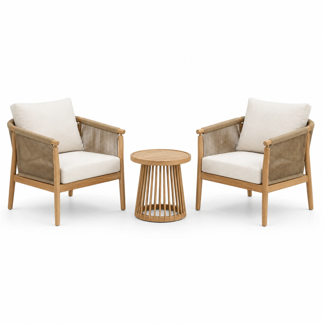 3-teiliges Gartenmöbel-Set, 2 Sessel je 74 × 78 × 80 cm und runder Tisch Ø 50 × 52 cm, Natur/Beige/Cremeweiß
