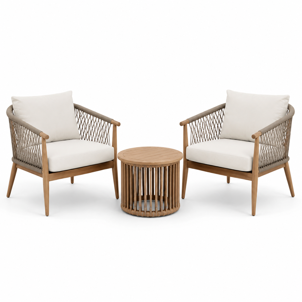 3-teilige Garten-Sitzgruppe mit 2 Sesseln 74 × 77 × 80 cm und Rundtisch Ø 55 × 45 cm, Natur/Beige/Weiß