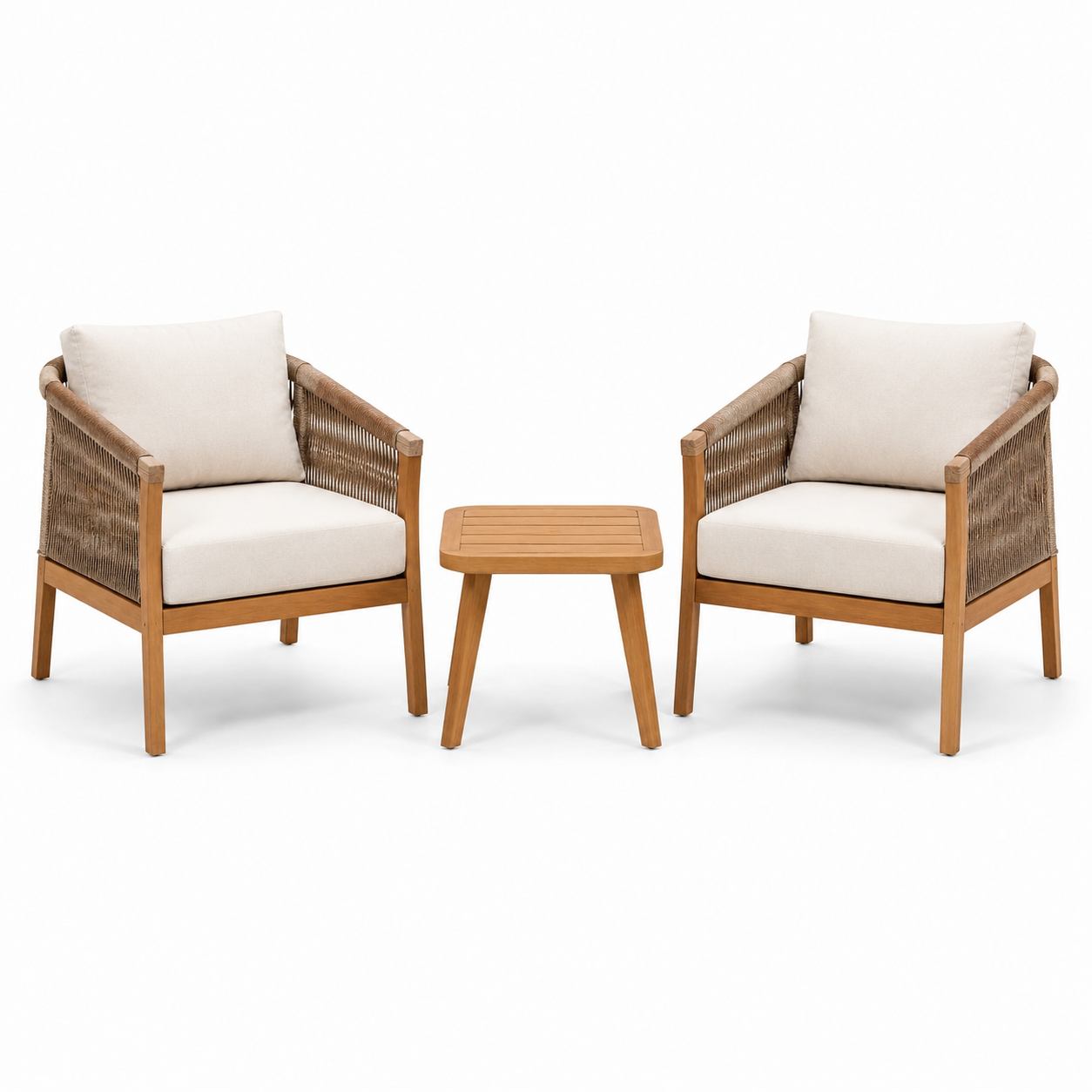 3-teiliges Gartenmöbel-Set Braun/Beige – 2 Sessel je 68 × 73 × 80 cm und Tisch 55 × 50 × 43 cm