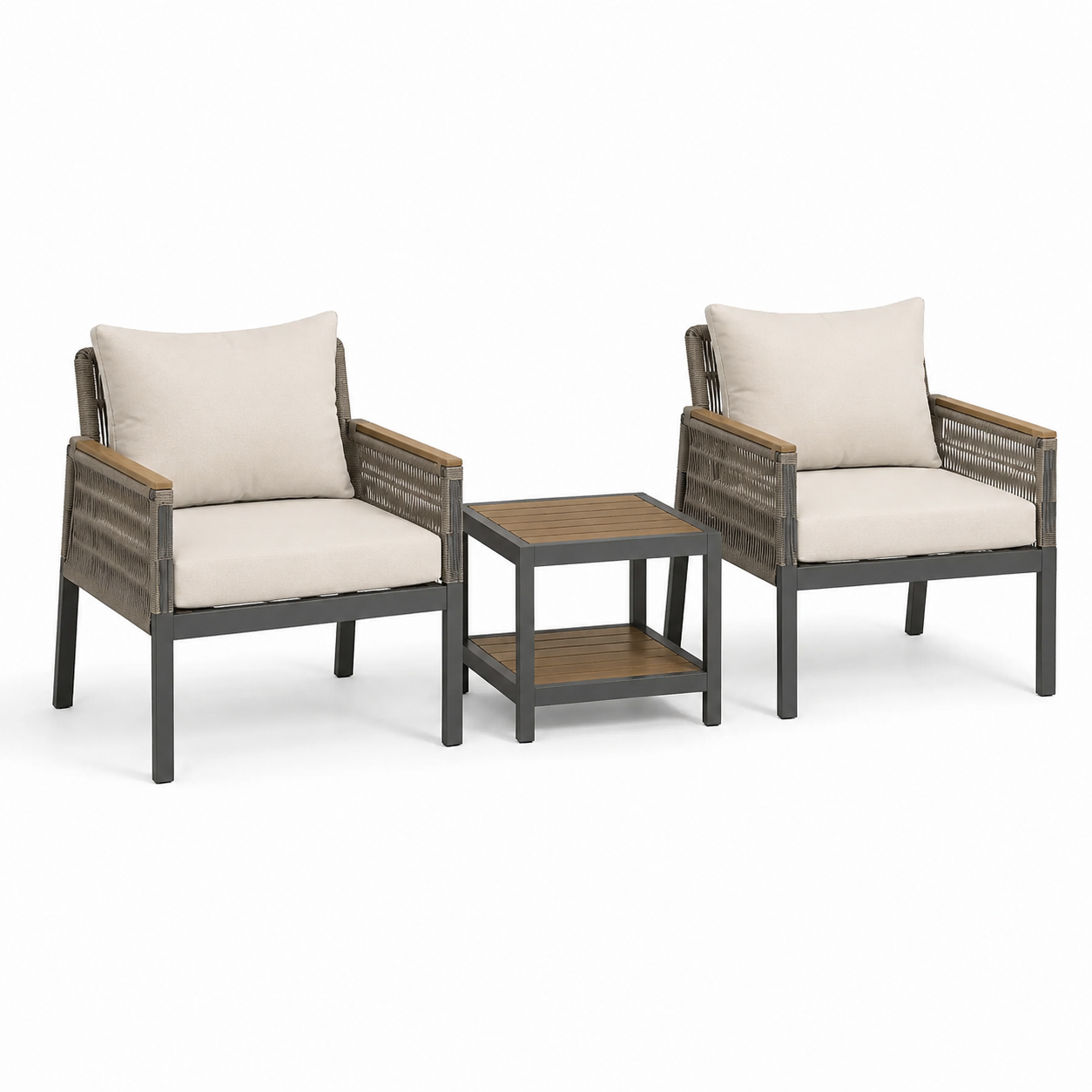 3-teiliges Gartenmöbel-Set mit 2 Sesseln und Beistelltisch, Sessel 68 × 74 × 82 cm, Tisch 50 × 50 × 55 cm, Beige/Grau/Braun/Anthrazit