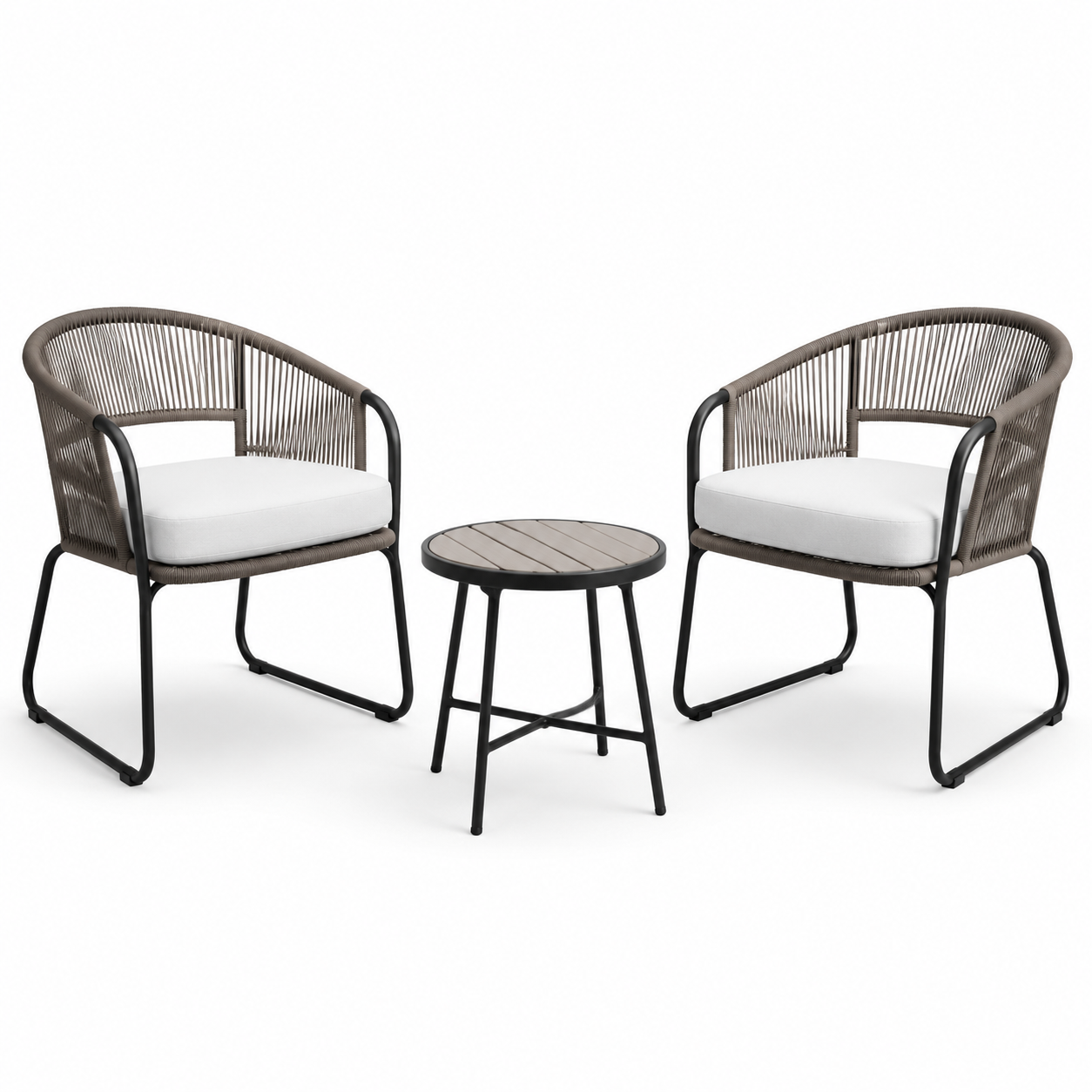 3-teiliges Gartenmöbel-Set mit 2 Stühlen 60 × 60 × 76 cm und Rundtisch Ø 45 × 45 cm, Taupe/Schwarz/Cremeweiß