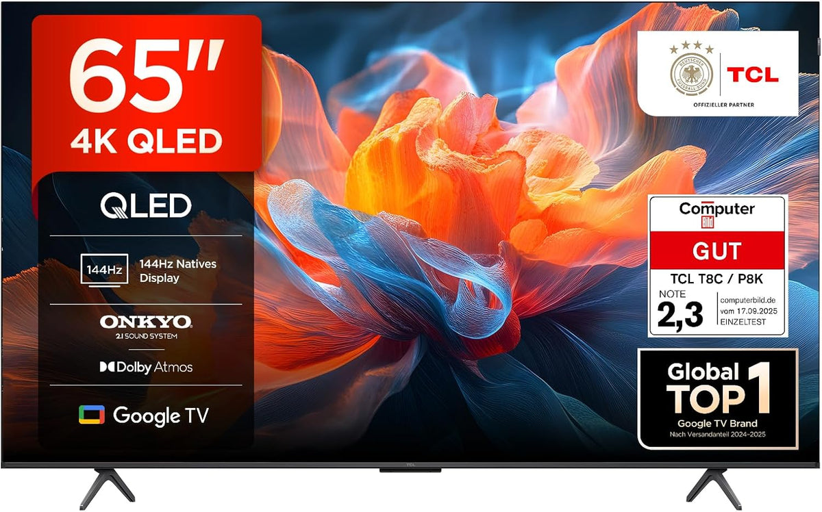 TCL Fernseher, 65 Zoll, Schwarz, 65T8C QLED 4K HDR UHD, Smart Google TV Dolby Vision & Atmos, 144Hz Motion Clarity Pro