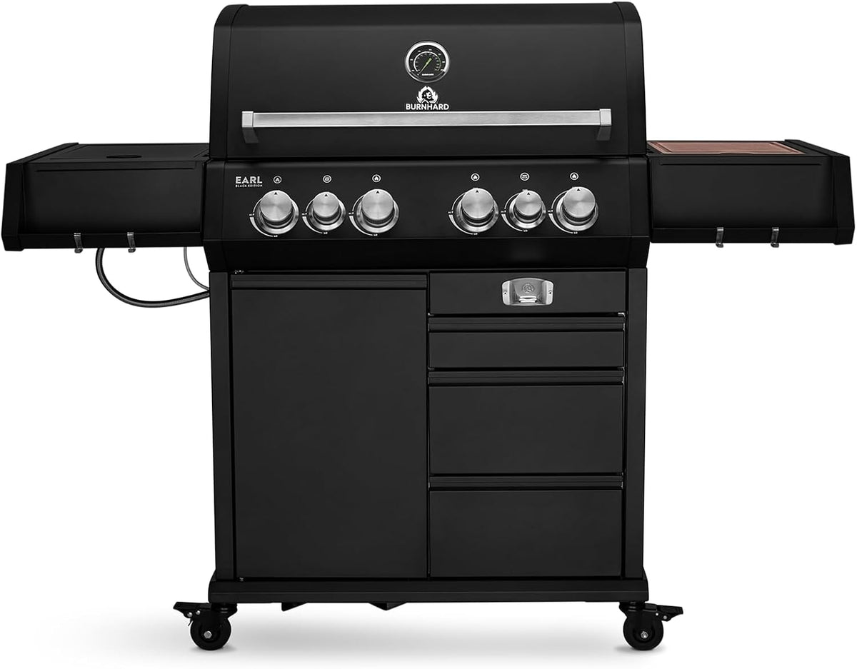 BURNHARD Kochfeld, Schwarz, Gasgrill 4-Brenner inkl. Heckbrenner, mit Gusseisen Grillrost & inkl. stabiler Abdeckhaube
