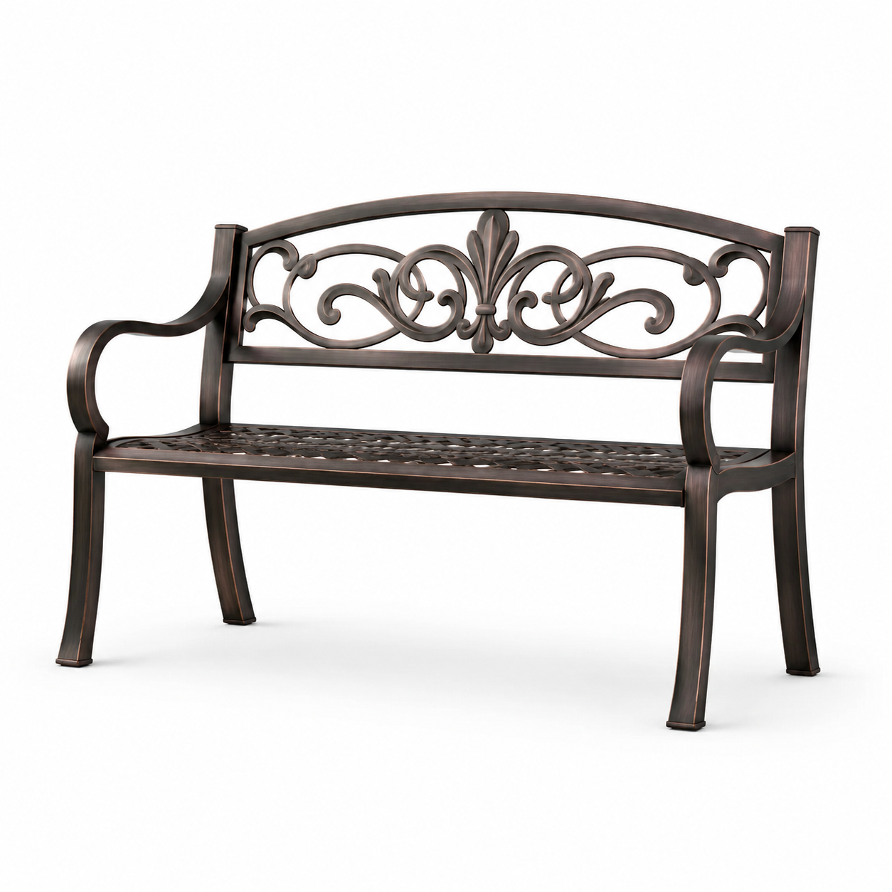 Gartenbank aus Metall mit Armlehnen und floralen Ornamenten, 125 × 60 × 88 cm, Dunkelbraun/Bronze