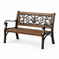 Gartenbank aus Holz und Metall mit ornamentaler Rückenlehne, 127 × 60 × 85 cm, Braun/Schwarz