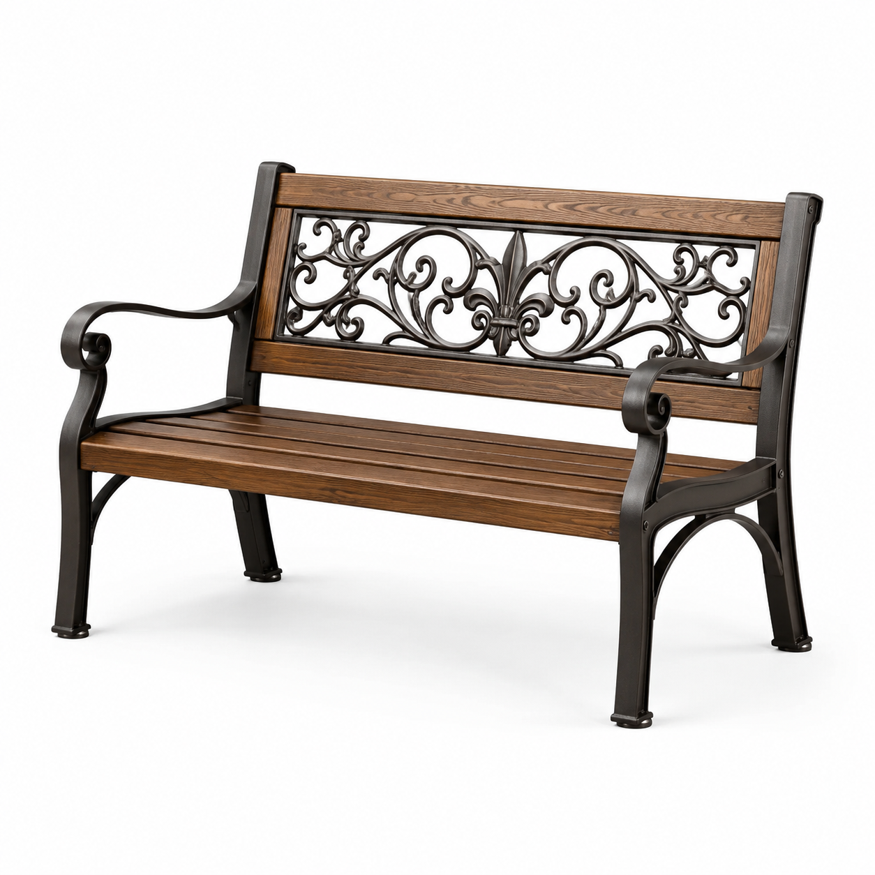 Gartenbank aus Holz und Metall mit ornamentaler Rückenlehne, 127 × 60 × 85 cm, Braun/Schwarz