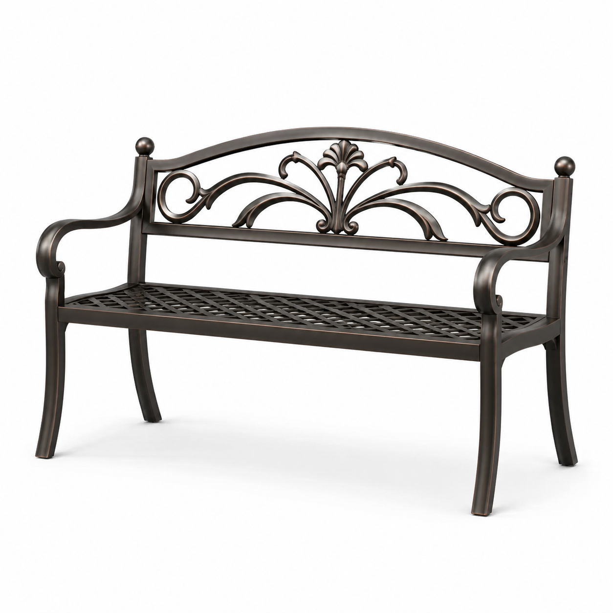 Gartenbank aus Metall mit Armlehnen und floralem Ornament, 127 × 60 × 88 cm, Dunkelbraun/Bronze