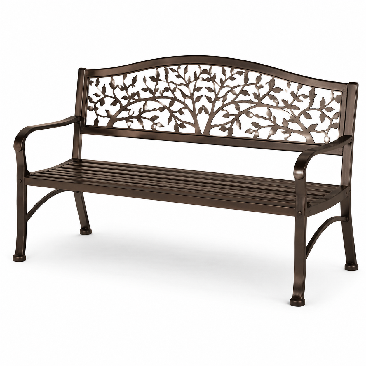 2-Sitzer-Gartenbank aus Metall mit Baumdekor, 127 × 60 × 89 cm, Dunkelbraun/Bronze