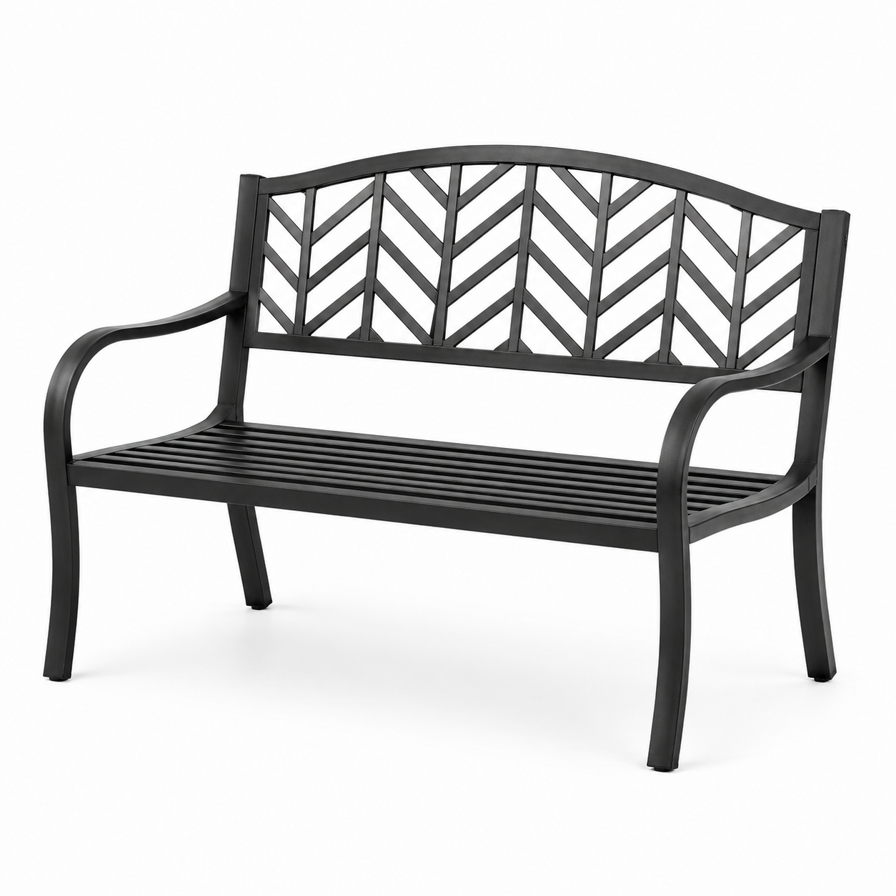 Metall-Gartenbank für 2 Personen, 127 × 60 × 90 cm, Schwarz, mit Armlehnen und Fischgrätenmuster