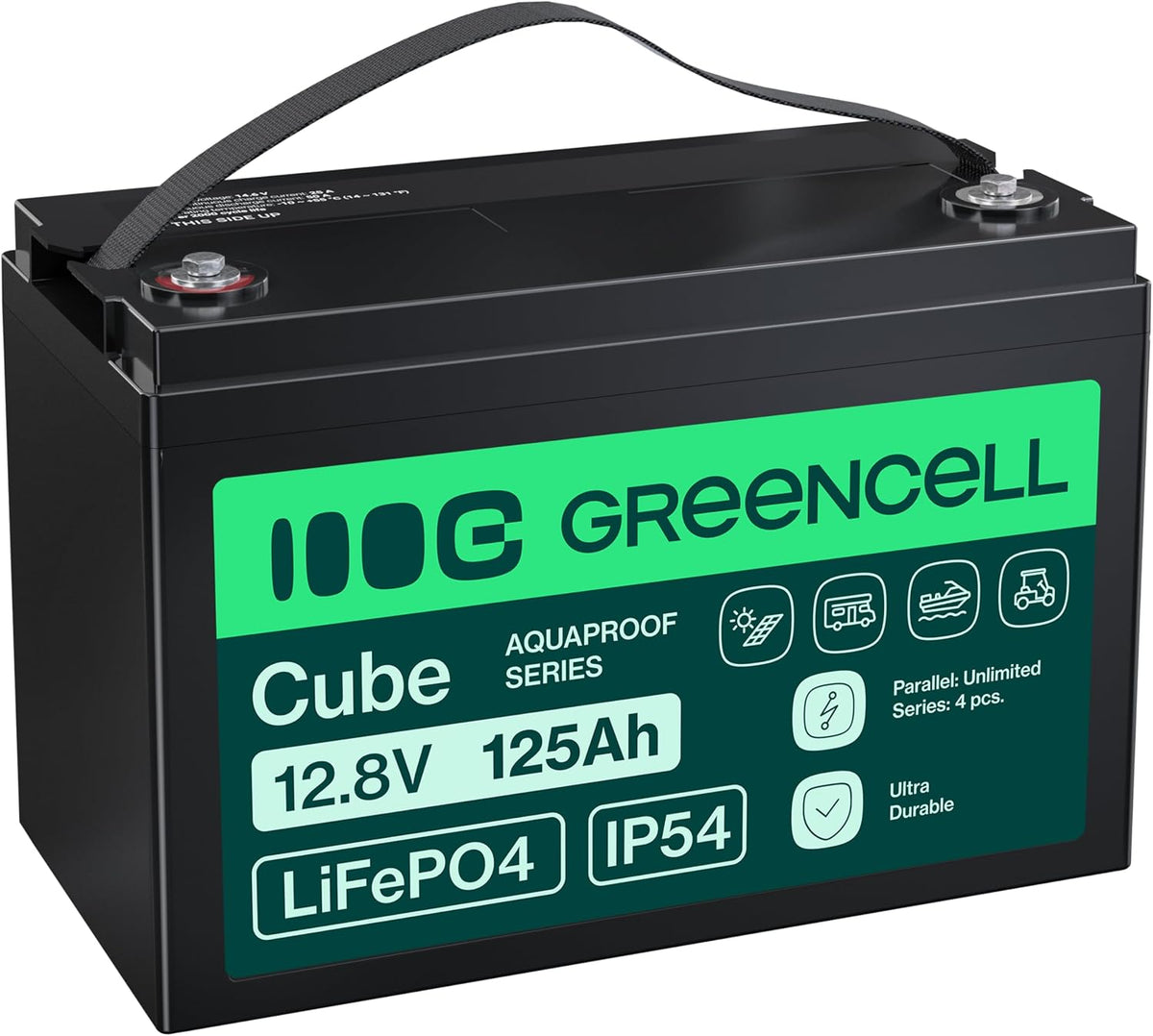 Green Cell Akkus, 125 Ah, 12.8 V, Schwarz/Grün, CUBE LiFePO4 Akku, Lithium-Eisenphosphat-Batterie für Wohnmobile
