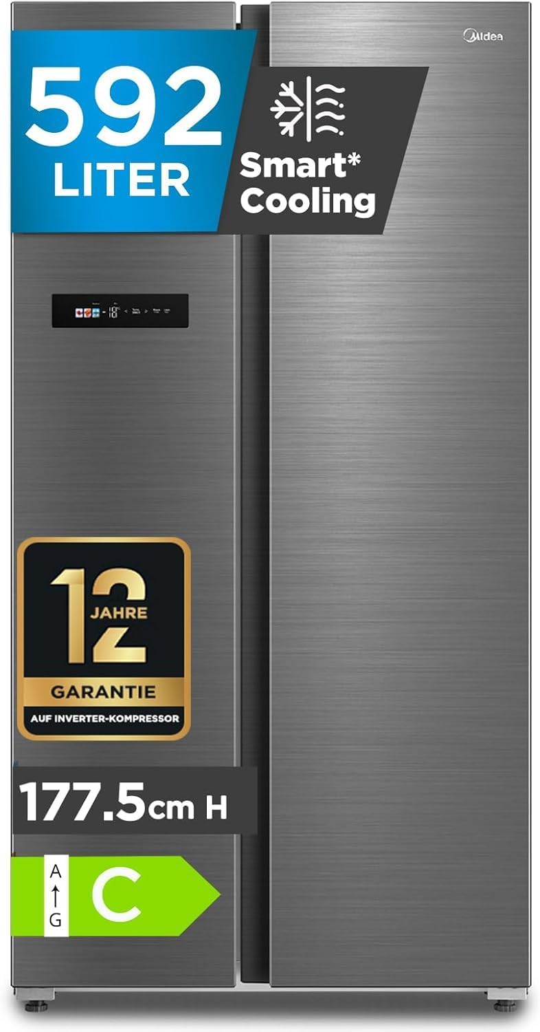Midea Side-by-Side-Kühlschrank, 592 L, 37 dB, Silber, No Frost, WiFi-Steuerung