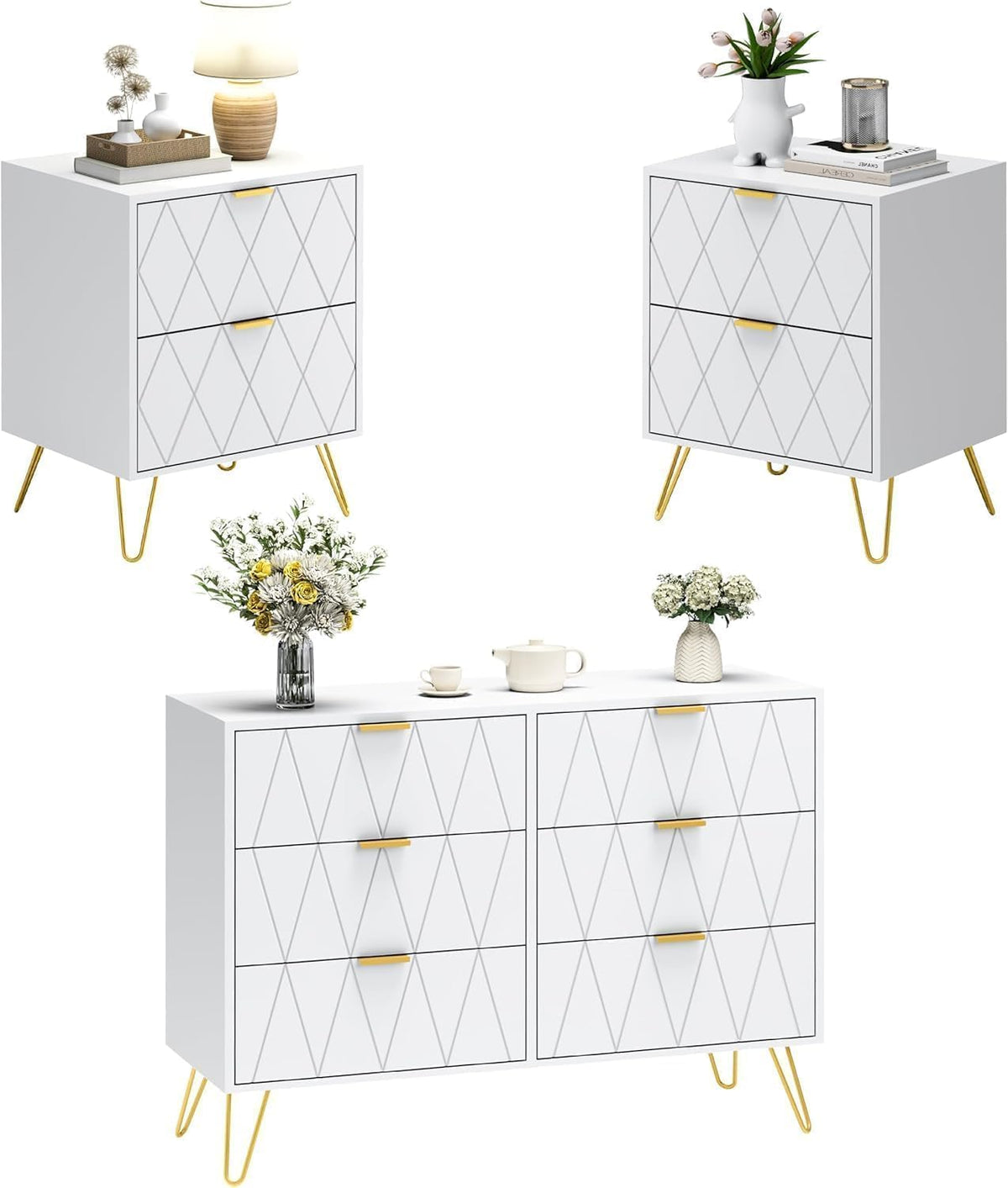 UEV Sideboard, Weiß/Gold, Schlafzimmer komplett in weiß, Set von 3 Schlafzimmermöbeln, Kommode mit 6 Schubladen und 2 Stück Nachttische