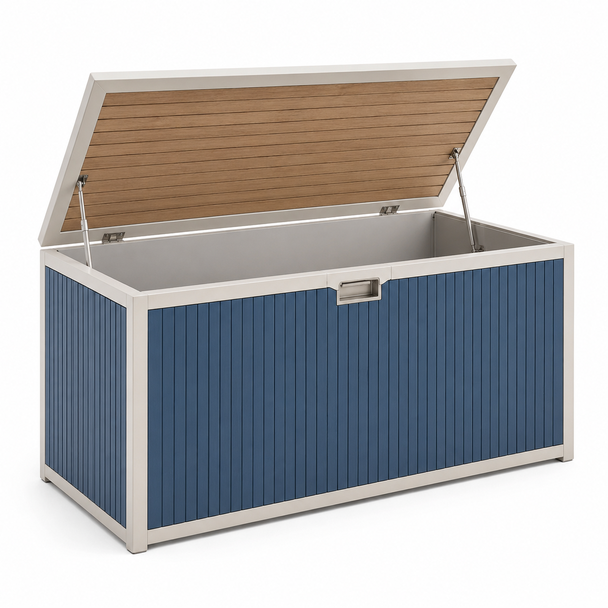 Garten-Aufbewahrungsbox mit Klappdeckel und Hubstützen, Blau/Silber/Braun, 150 × 75 × 85 cm