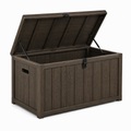 Garten-Aufbewahrungsbox aus Kunststoff mit Klappdeckel, 120 x 56 x 63 cm, Dunkelbraun in Holzoptik