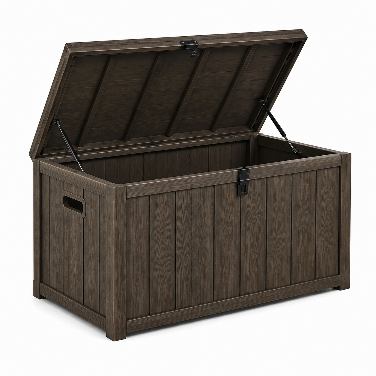 Garten-Aufbewahrungsbox aus Kunststoff mit Klappdeckel, 120 x 56 x 63 cm, Dunkelbraun in Holzoptik