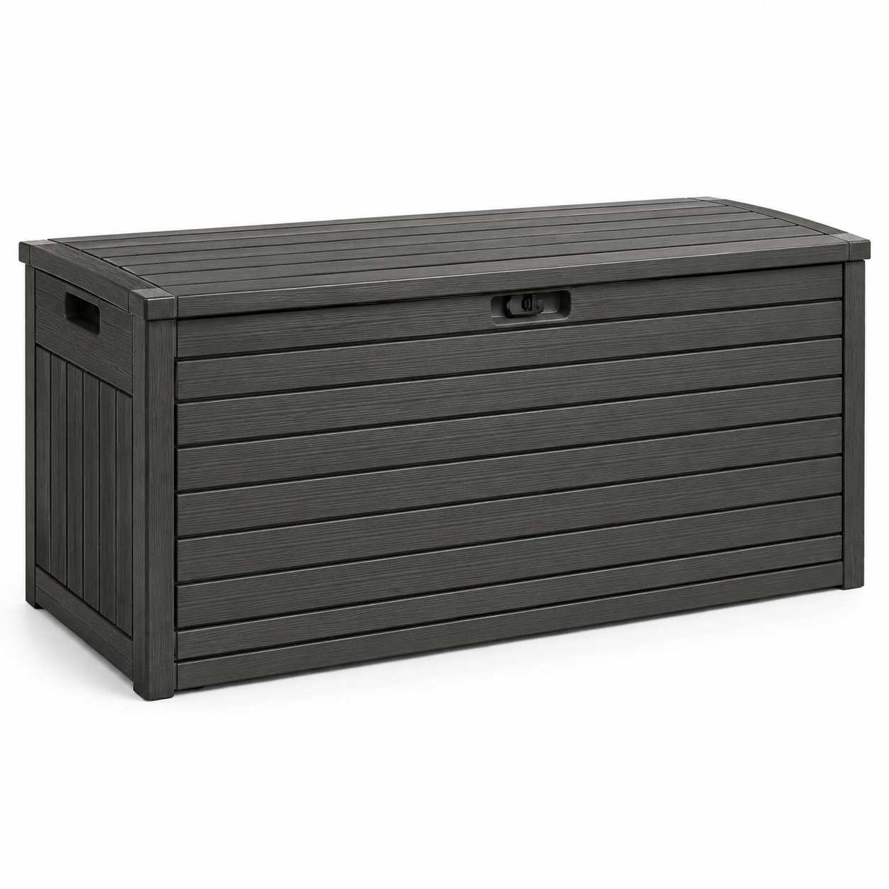 Garten-Aufbewahrungsbox aus Kunststoff, 120 × 55 × 62 cm, Anthrazit, mit abschließbarem Deckel in Holzoptik