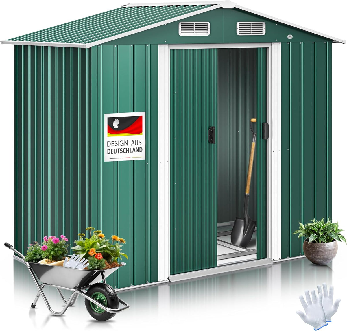Gerätehaus KESSER, 195x131x186 cm, 4,2m, Grün, XL Metall ³ mit Fundament, Inkl. Arbeitshandschuhe, 2X Schiebetür & Fundament