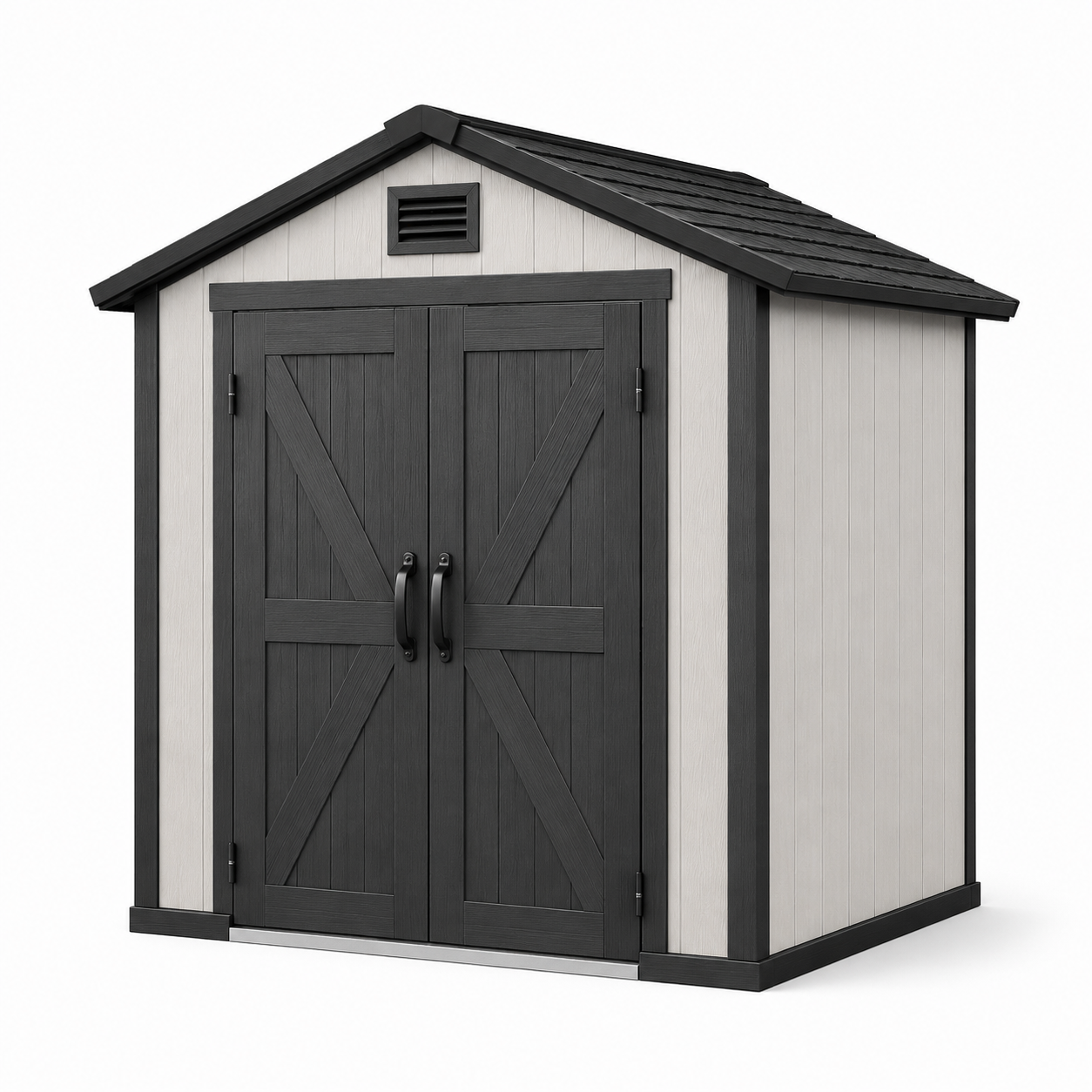 Kunststoff-Gerätehaus 180 × 120 × 210 cm in Anthrazit/Hellgrau/Schwarz mit Doppeltür und Satteldach